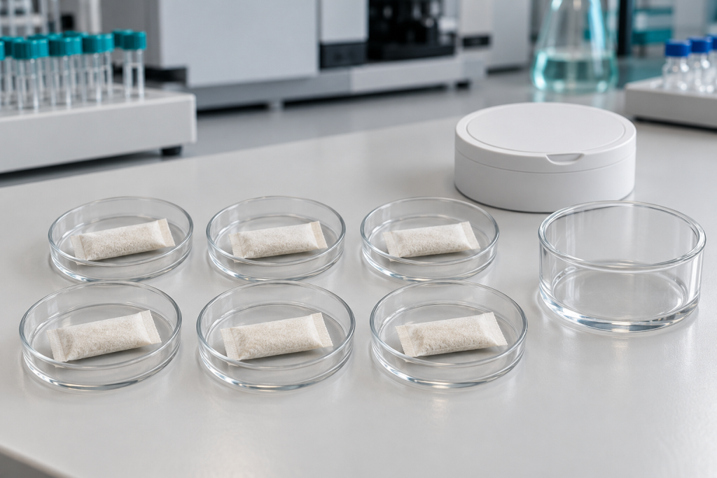 Illustration of individual oral pouches separated into laboratory sample dishes.
