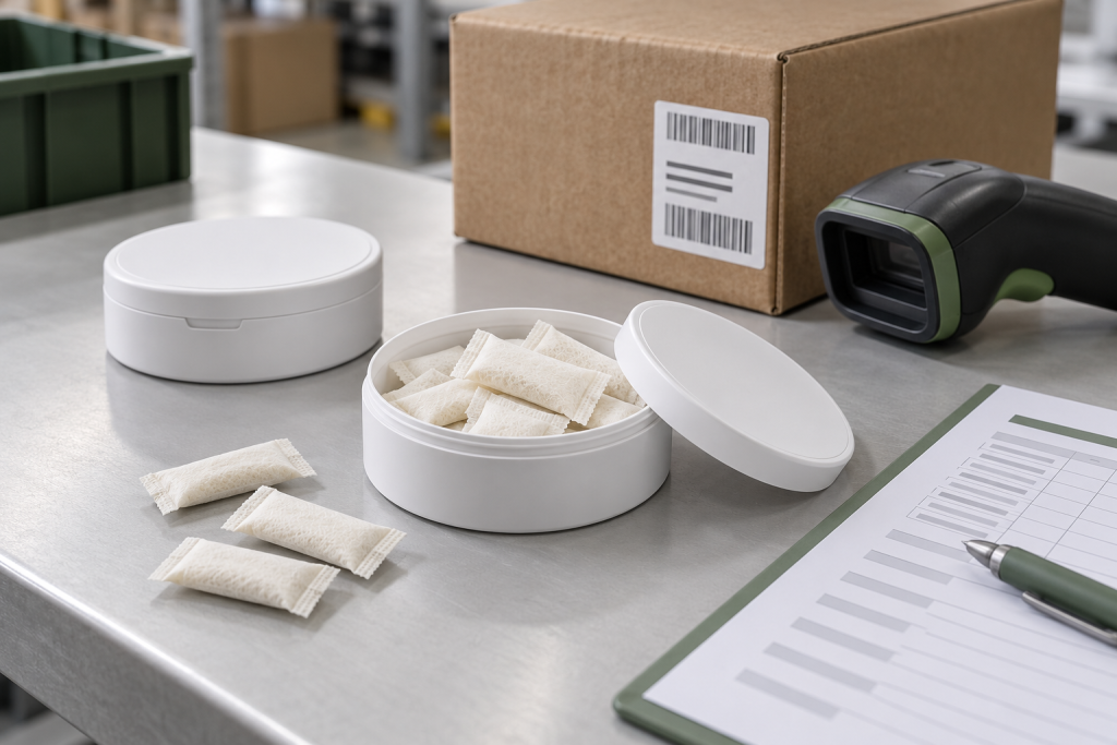 Illustration of oral pouch cans, a shipping carton and a barcode scanner.
